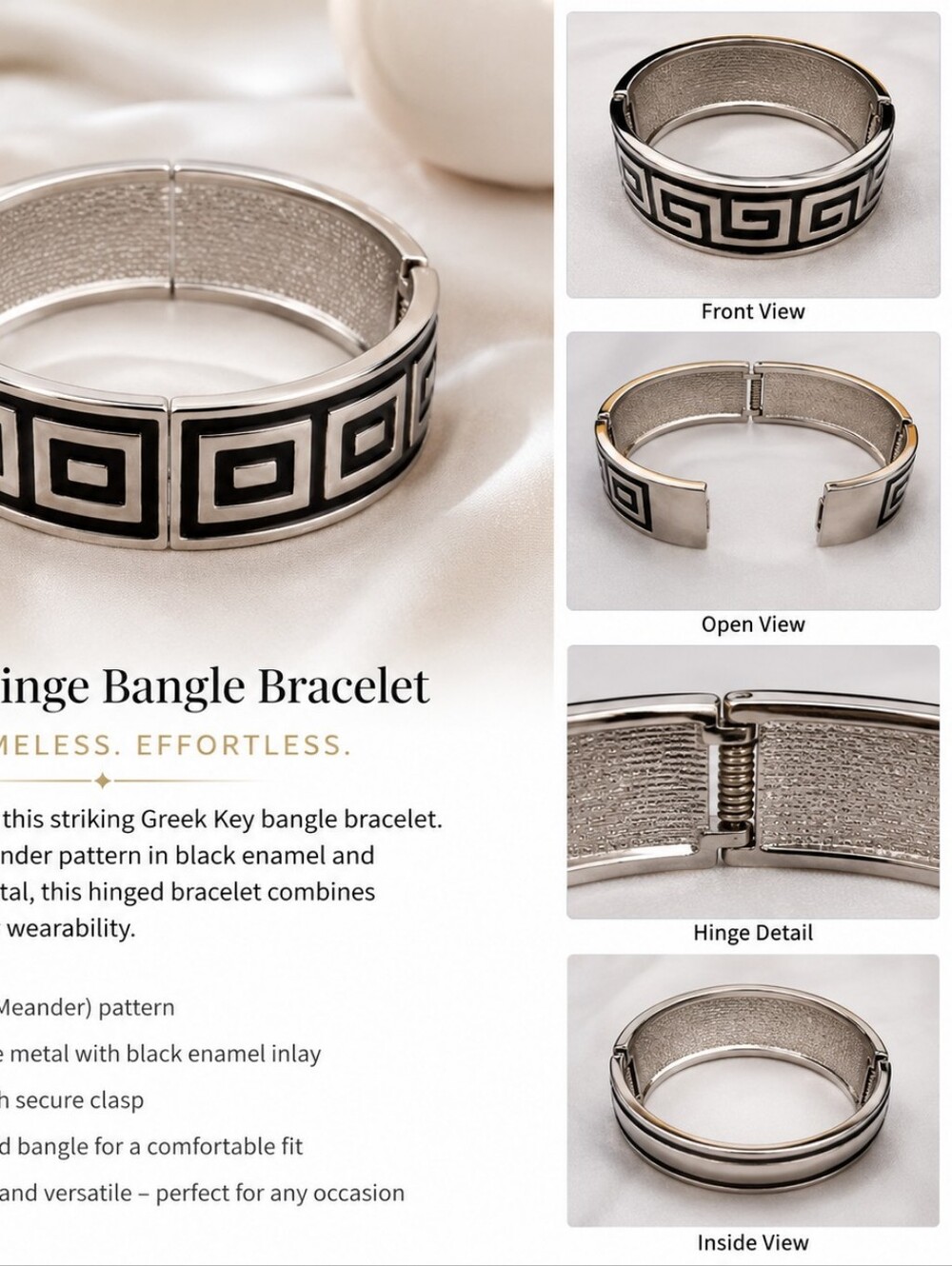 Greek Key Hinge Bangle Bracelet - Black & Silver